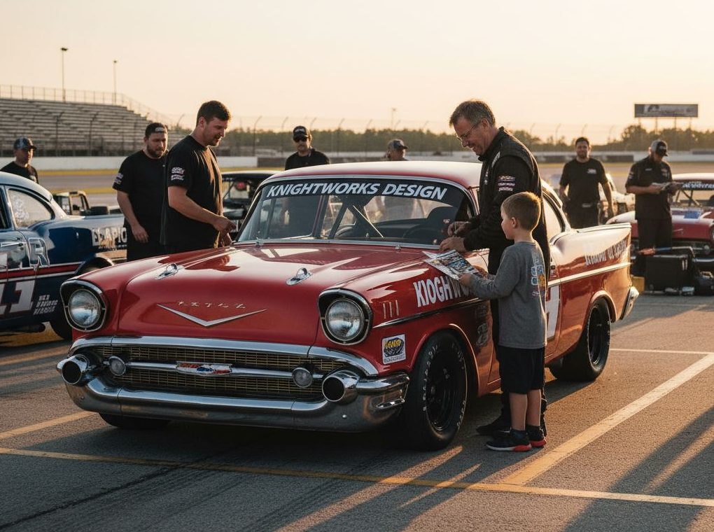 Knightworks Design OSCAAR Hot Rod vintage stock cars racing at Sunset Speedway at sunset