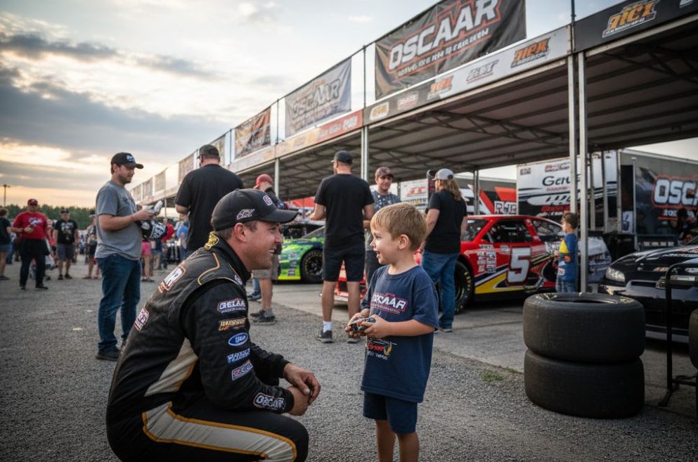 OSCAAR Racing Community and Fan Interaction OSCAAR driver interacting with fans and children, showing the family-friendly community spirit