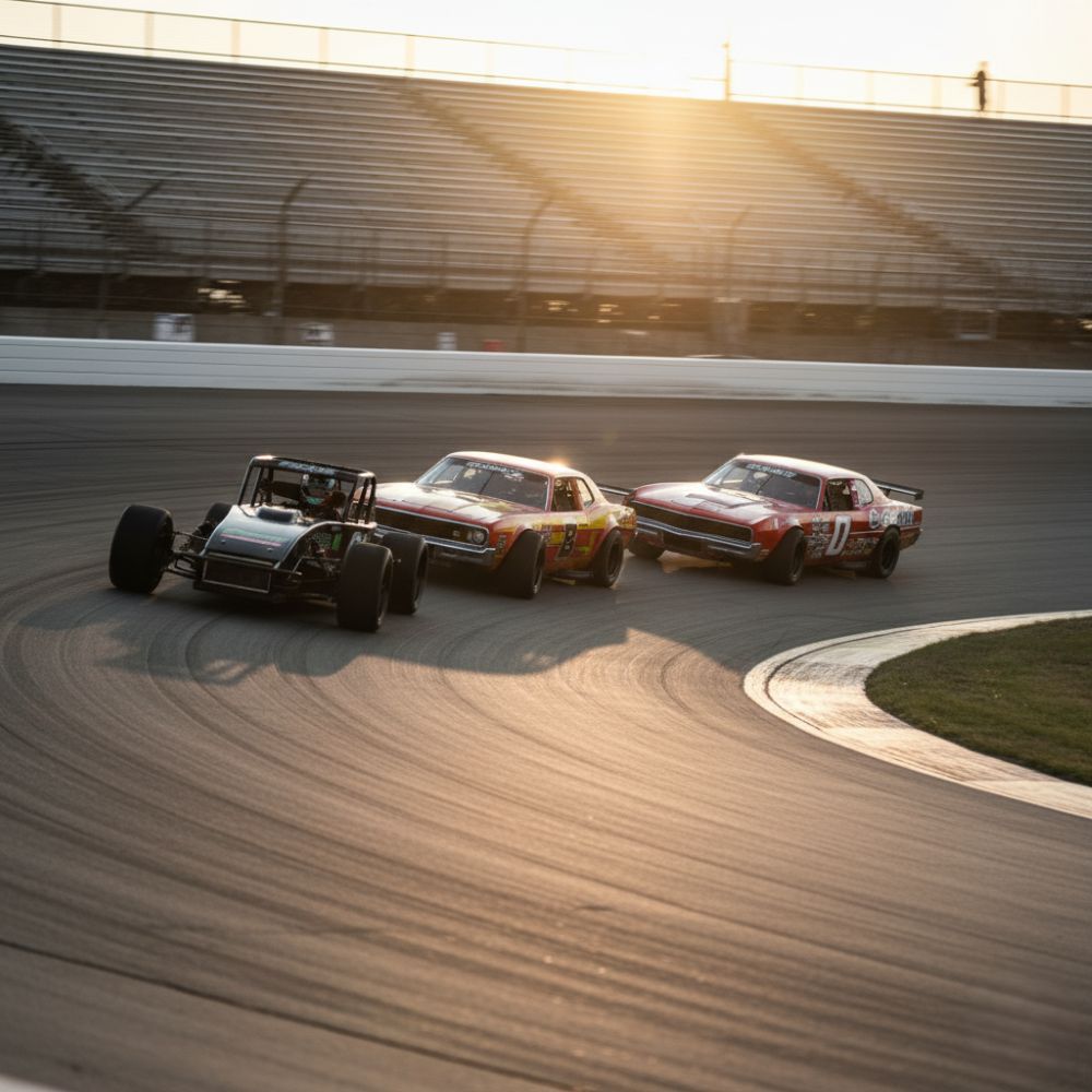 Diverse OSCAAR racing divisions competing side-by-side on an asphalt oval track