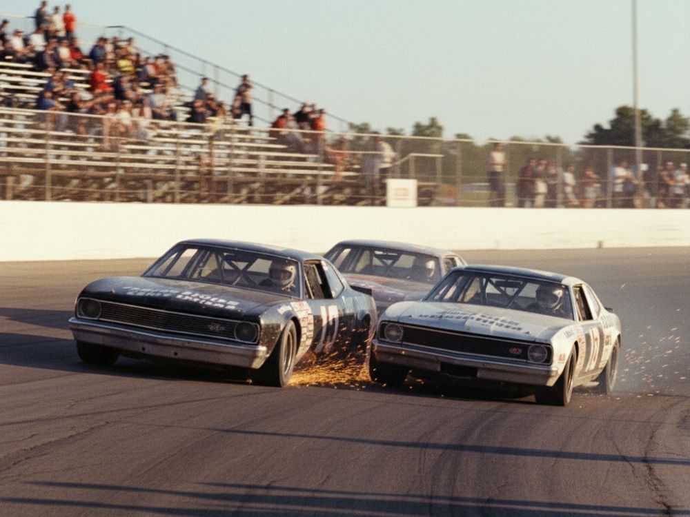 Stock cars racing intensely side-by-side on an asphalt short track, representing the Biederman era rivalry