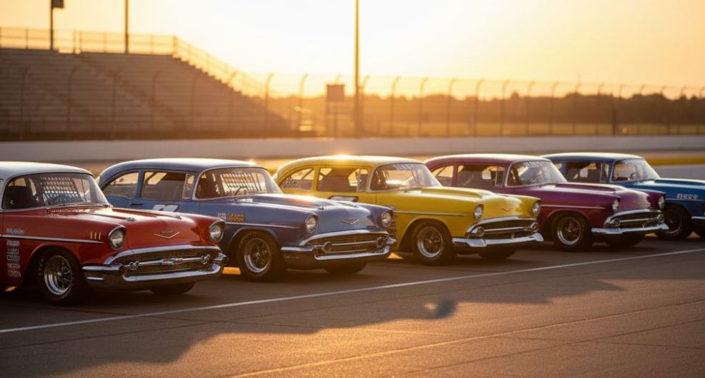 Classic OSCAAR Hot Rod Racing Knightworks Design OSCAAR Hot Rod vintage stock cars racing in a pack on the track