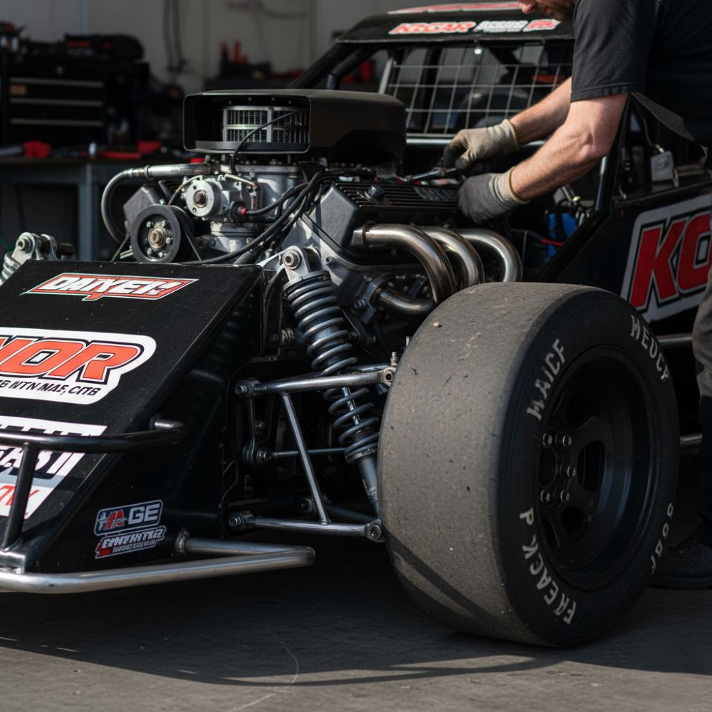 Close-up of an OSCAAR Open Wheeled Modified race car showing the open-wheel design and engine detail
